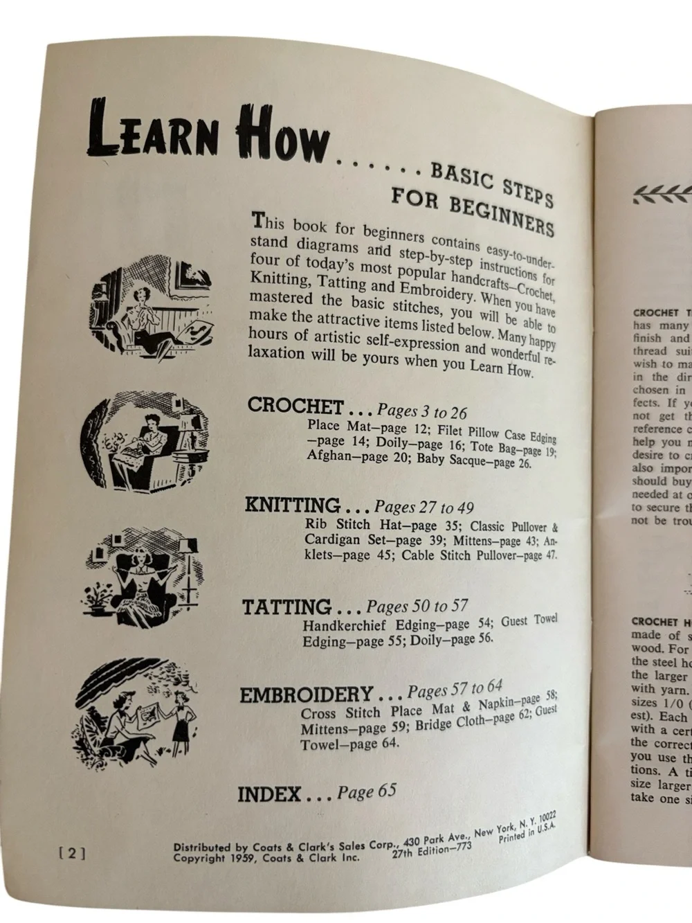 Vintage 1959 Coats & Clark's Learn How Book Crochet Knitting Tatting Embroidery